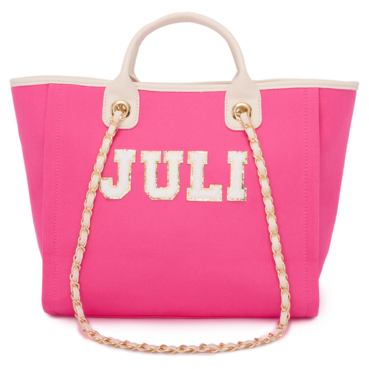 Lily & Bean Canvas Chain Tote Bag Hot Pink Medium With Chenille Letters