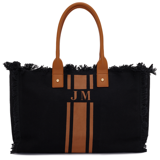 Lily & Bean Canvas Black Fringe Tote with Double Tan Stripe