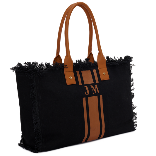 Lily & Bean Canvas Black Fringe Tote with Double Tan Stripe