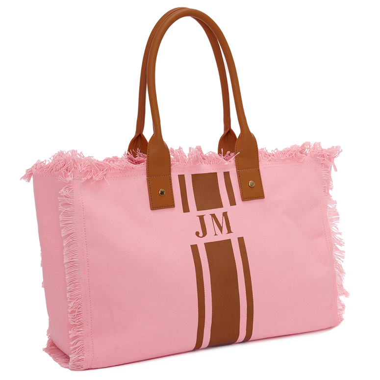 Lily & Bean Canvas Bubblegum Fringe Tote with Double Tan Stripe