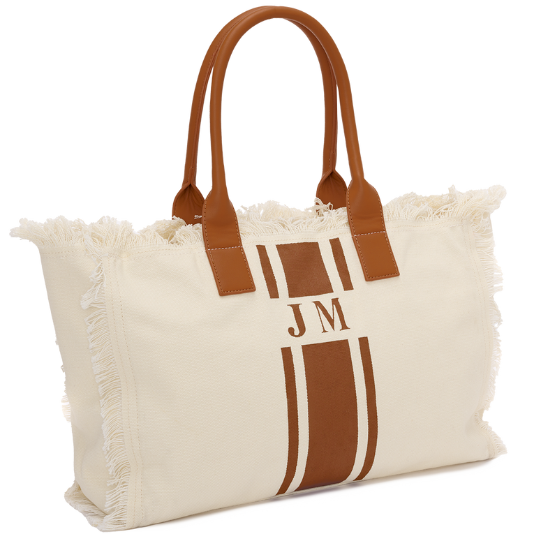 Lily & Bean Canvas Cream Fringe Tote with Double Tan Stripe