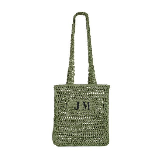 Lily & Bean Lattice Straw Shopper with Initials Army Green