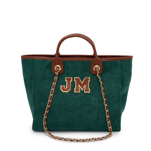 Lily and Bean Burnt Racing Green Tote Velvet with Initials Medium