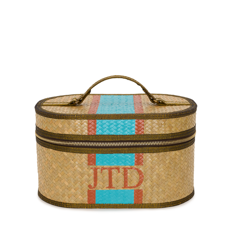 Cosmetic Straw Vanity Case Turquoise and Tan with Initials