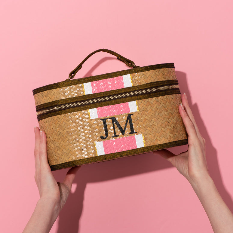 Cosmetic Straw Vanity Case Pink and White with Initials