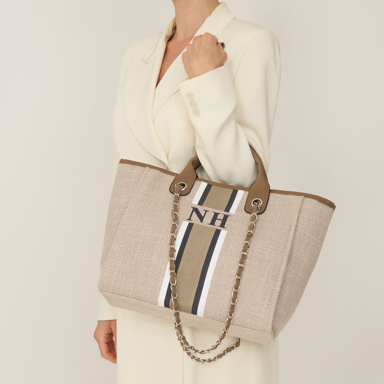 The Lily Medium Canvas Tote Bag Soft Fawn White, Grey and Beige Stripe