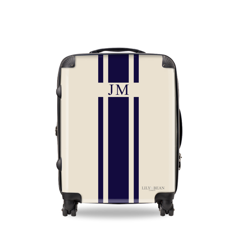 Lily & Bean personalised Cream luggage with navy stripe