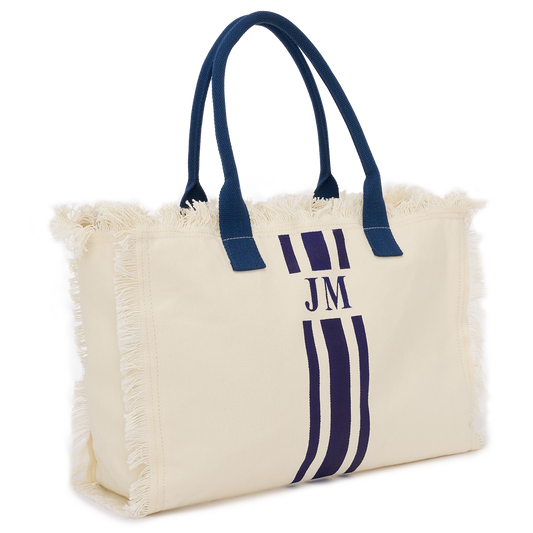 Lily & Bean Canvas Cream Tote Fringe with Double Navy Stripe
