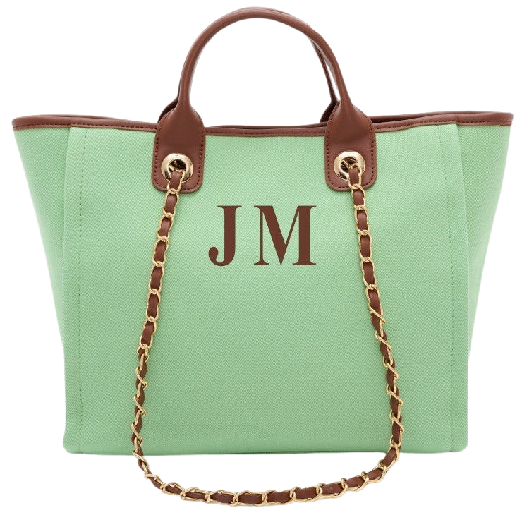 Lily & Bean Canvas Tote Bag Summer Green with brown handles Medium brown initials
